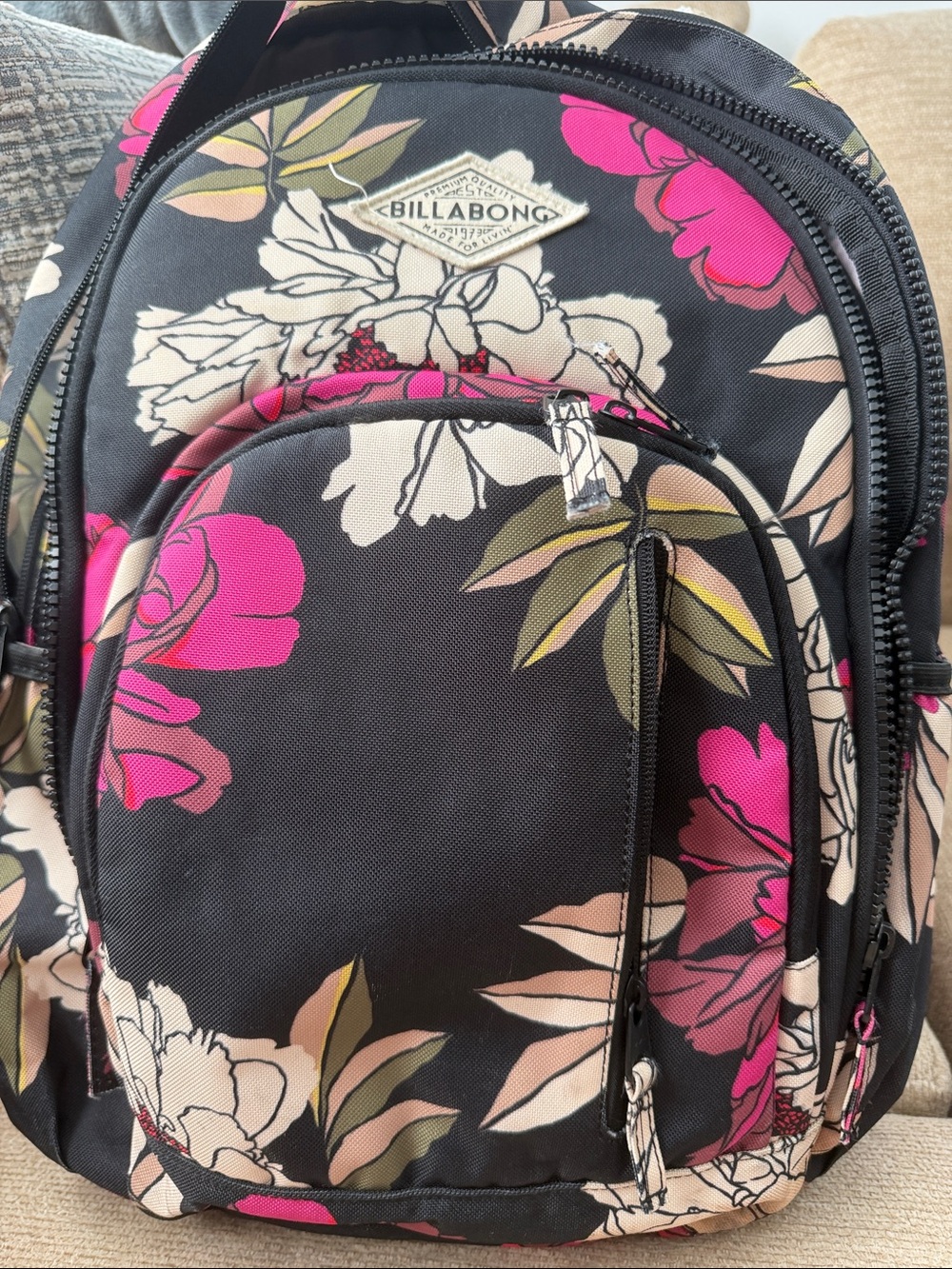 Billabong Black Floral Backpack with Pink & Cream Accents